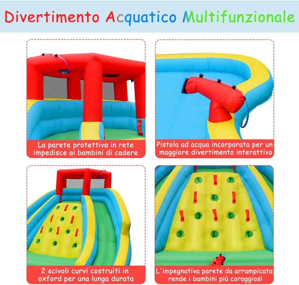 Castello Gonfiabile per Bambini, Parco Acquatico Gonfiabile con 2 Scivoli, Piscina, Parete di Arrampicata, Cannone, Borsa di Trasporto e Kit di Riparazione, 452x365x233 cm (Con Soffiatore)
