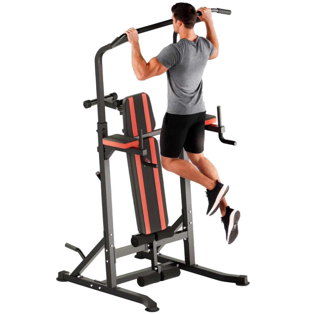Power Tower Pieghevole, Stazione Fitness Multifunzione Regolabile in 7 Posizioni con Sbarra Trazioni, Dip Station, Pull UP Station e Panca Piana in Acciaio, per Home Gym Casa, Portata 150kg