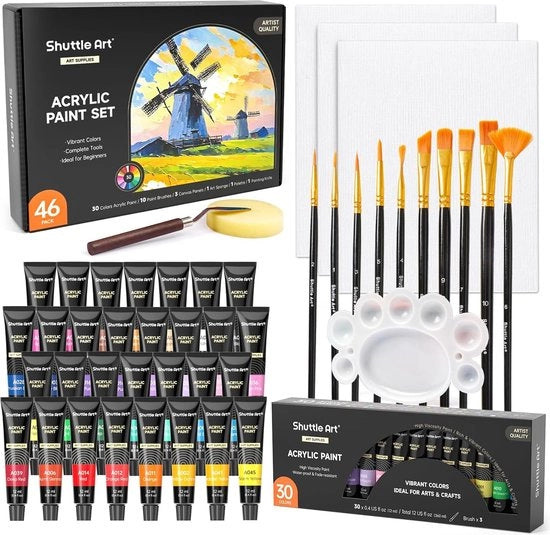 Set di Acrilici - 30 Colori - Per Principianti e Adulti - 46 Pezzi