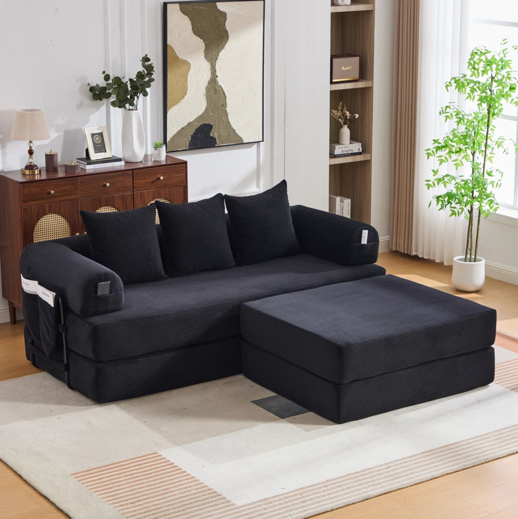 Sofa modulare in tessuto corduroy nero con struttura in metallo; 200 x 190 x 67 cm