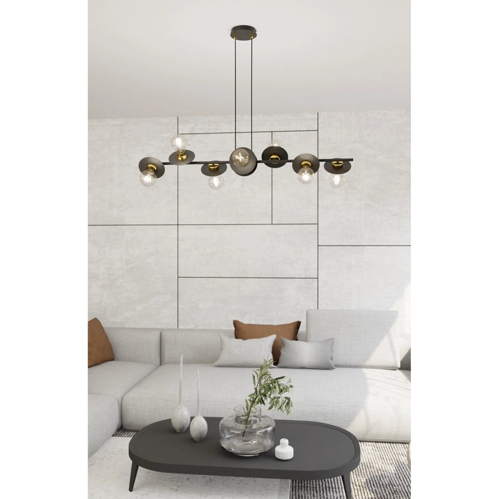 Lampadario 8 Luci Sakhmet Acciaio Nero E Oro Con Barra E Diffusori A Piatti