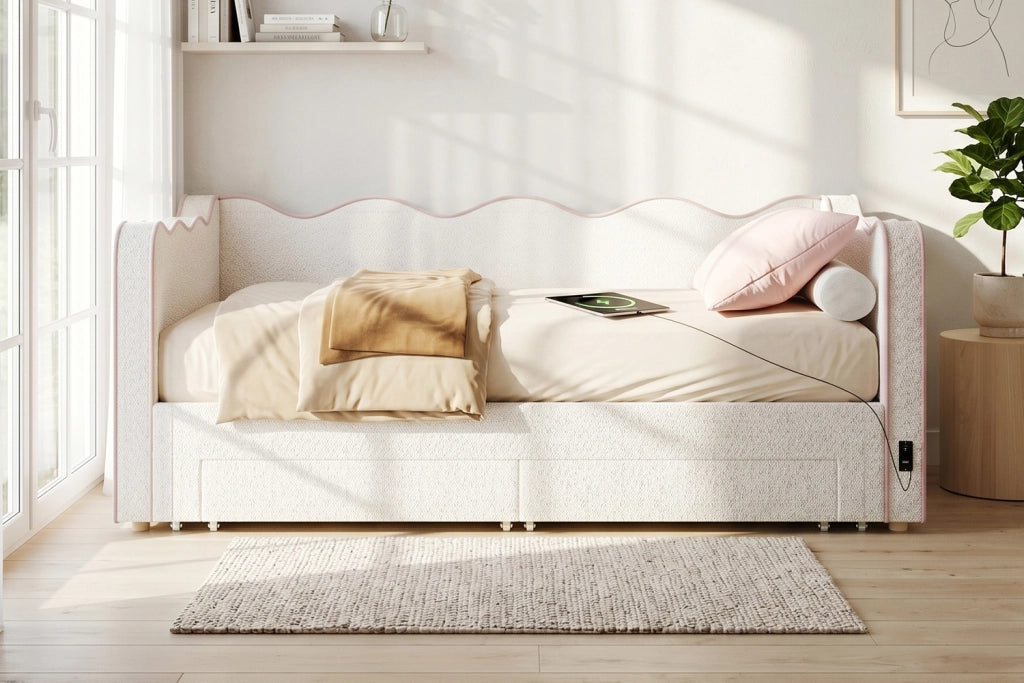 Letto estraibile 90 × 200 cm con 2 cassetti, USB e Type-C, senza materasso, bouclé beige