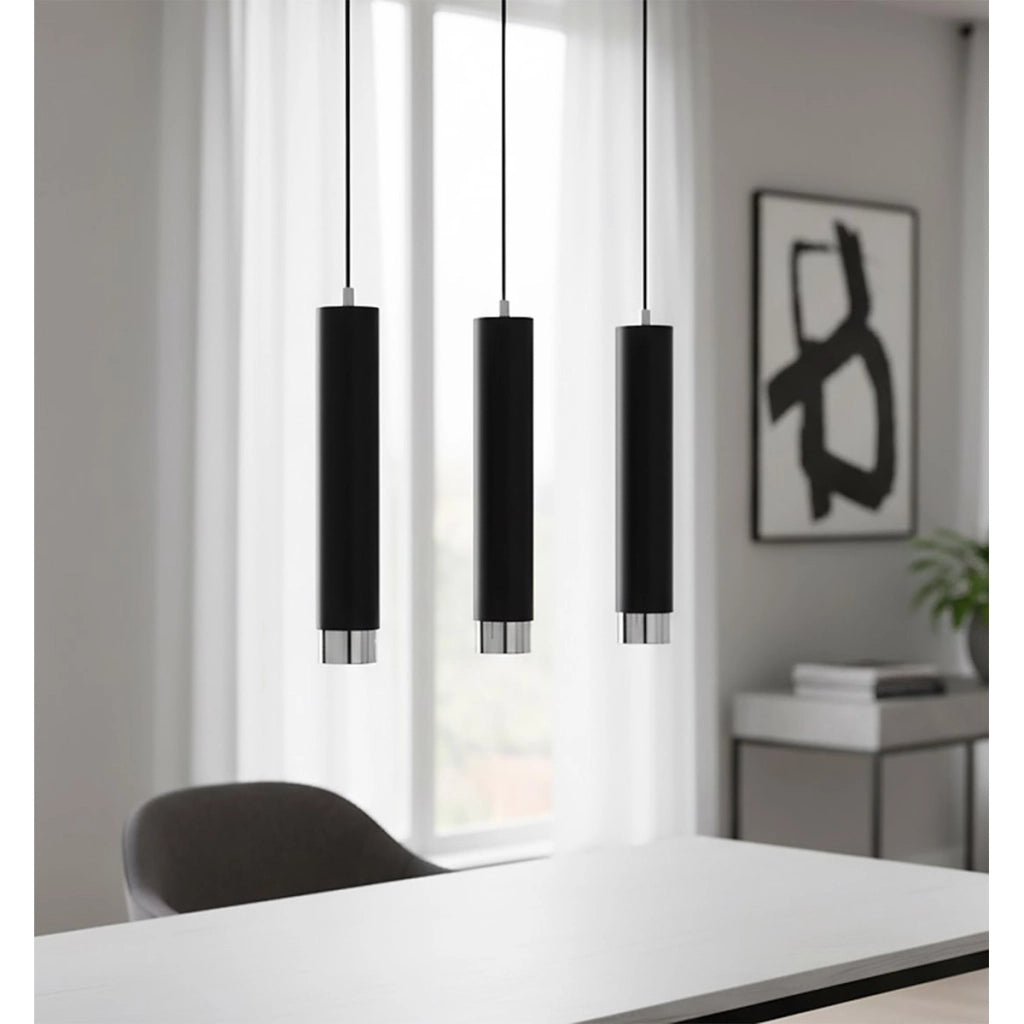 Lampada a sospensione Kibo in acciaio nero con finiture cromate