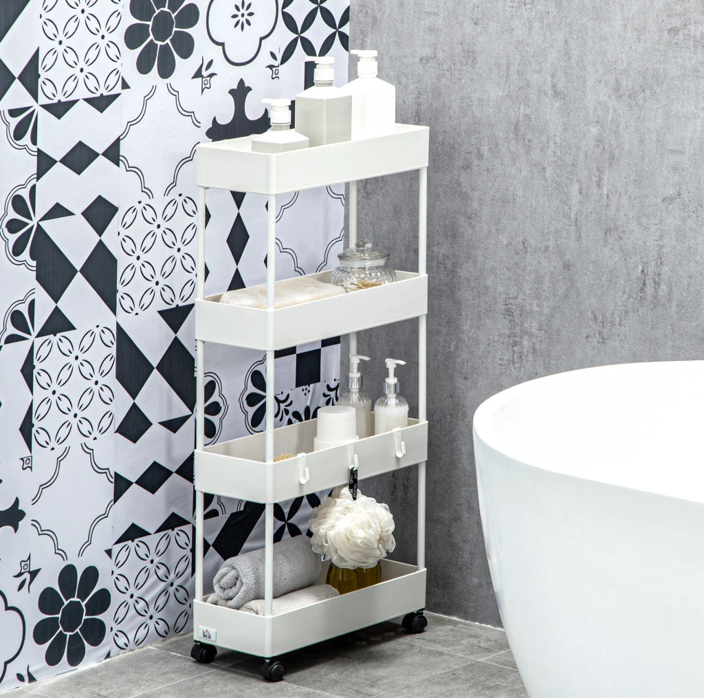 Carrello portaoggetti 40x19x90 cm a 4 ripiani con ruote e freni in acciaio bianco