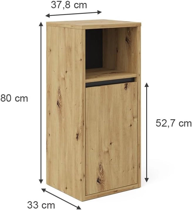 Mobiletto bagno Viola, Rovere artigianale, 38 x 80 cm, per montaggio a parete con vani a giorno e vani chiusi