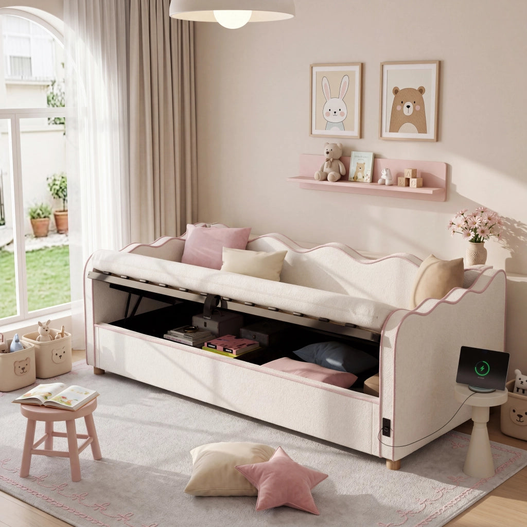Letto per bambini 90 × 200 cm contenitore con sollevamento idraulico, USB et Type-C, senza materasso, beige