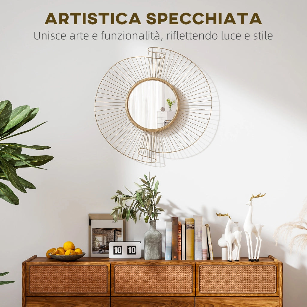 Specchio da Parete Rotondo con Strisce in Metallo e Design Plissettato, 60x60 cm, Oro