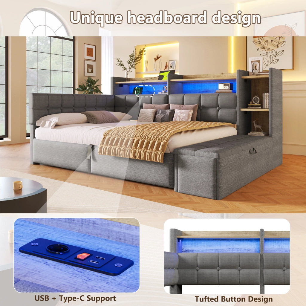 Daybed in velluto 140x200 cm con accumulo idraulico LED e USB-C - Grigio scuro