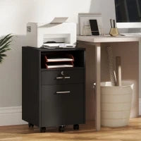 Cassettiera da Ufficio Portadocumenti in Legno con 2 Cassetti e Ripiano Aperto, 39x40x65 cm, Nero