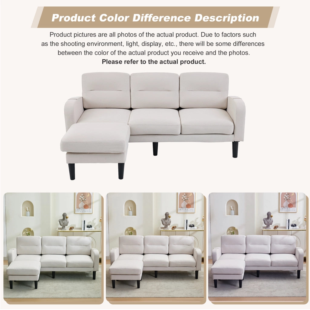 Divano ad angolo 3 posti con chaise longue e tasche laterali, struttura modulare in tessuto beige 204 × 136 × 80 cm