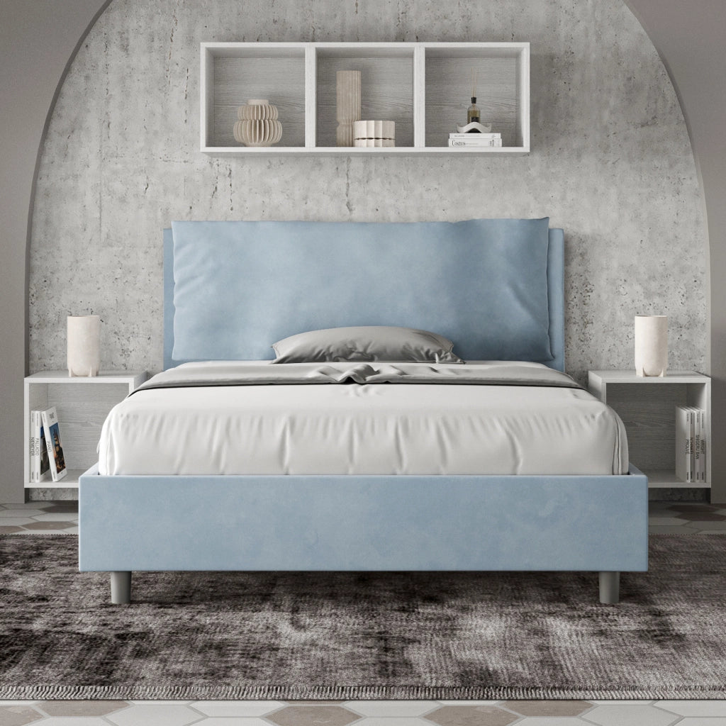 BS COM Letto matrimoniale francese con rete imbottito 140x200 microfibra azzurro Large