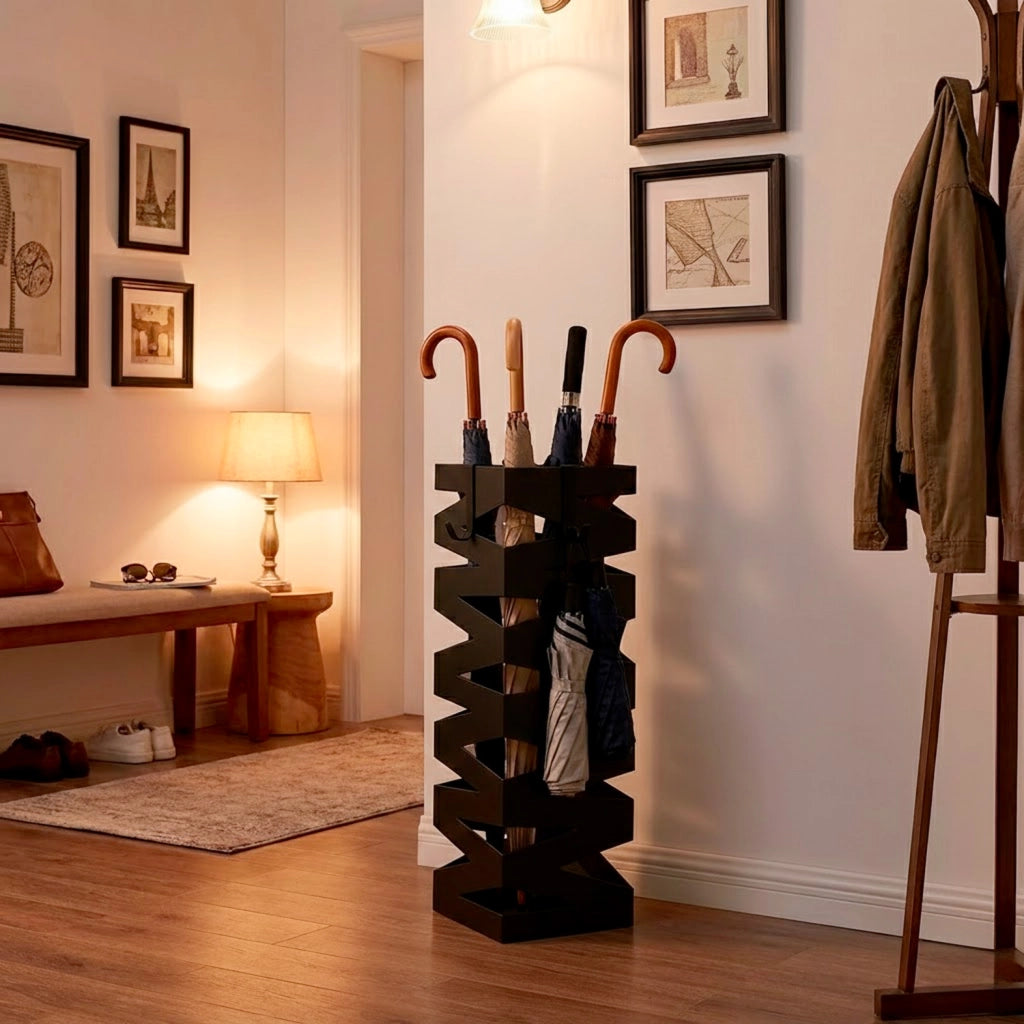 Portaombrelli In Acciaio Zincato Con Intarsi Decorativi Porta Ombrelli Design Moderno Vaschetta Scolapioggia Due Ganci Removibili Base Antiscivolo Per Ingresso Casa E Ufficio Nero Cm