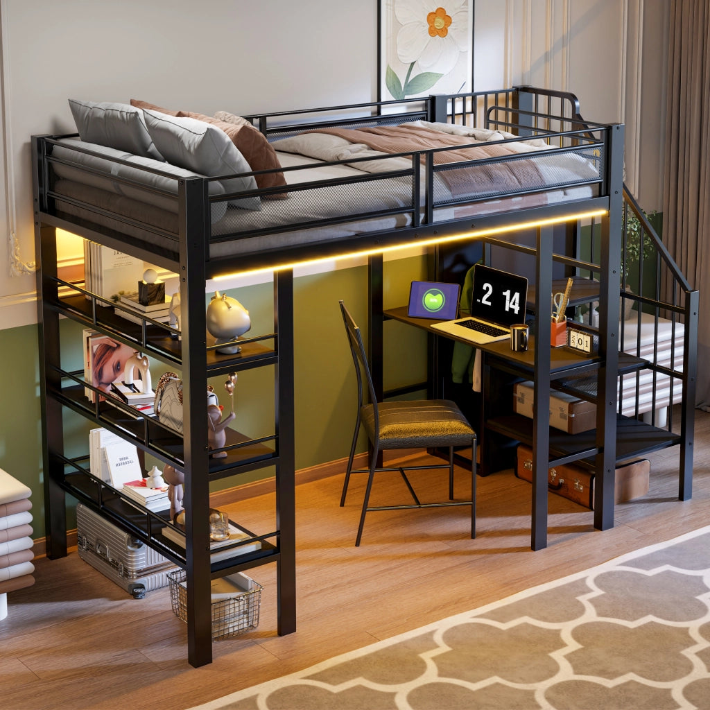 Hochbett 90 x 200 cm in metallo con scrivania, scaffale a 3 livelli, guardaroba integrato, LED e presa, nero