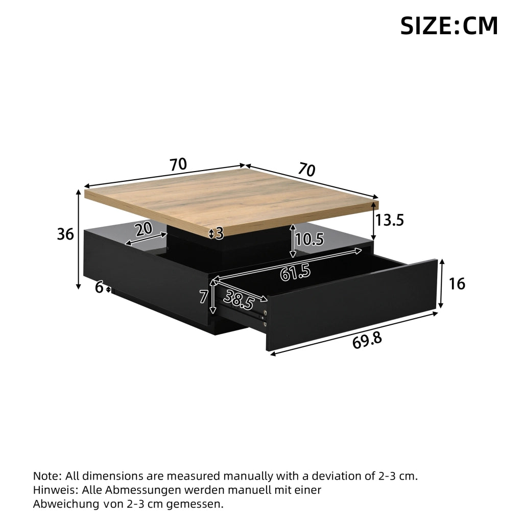 Tavolino da caffè quadrato girevole a 360° con vano nascosto 70x70x36 cm in truciolare; noce e nero