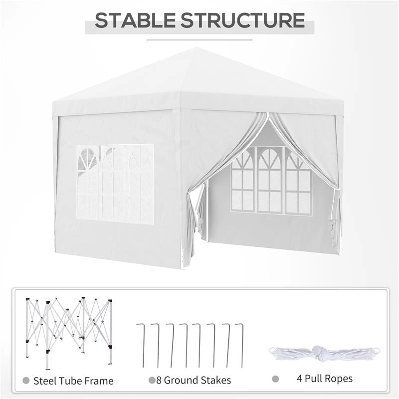 GAZEBO PIEGHEVOLE E IMPERMEABILE CON PANNELLI LATERALI IN ACCIAIO E TESSUTO OXFORD 2.95X2.95X2.58 CM BIANCO