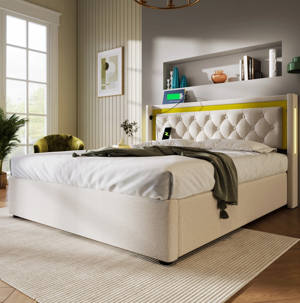 Letto matrimoniale imbottito con contenitore; LED; USB e Type-C 140x200 cm; beige chiaro