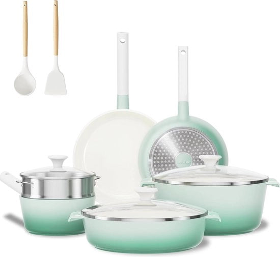 Set di Piatto e Padella Antiaderente - 16 Parti Cottura Ceramica per Cucina Salutare, Incluso Padella e Padella Acciaio