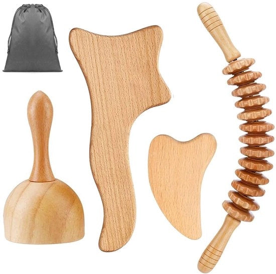 Set di Gua Sha 4 pezzi - Massaggiatore a rulli di legno/Rugkrabber - Apparecchio di massaggio per collo/gambe/occhi/dorso - Alleviamento del dolore/Rilassamento - Terapia con legno