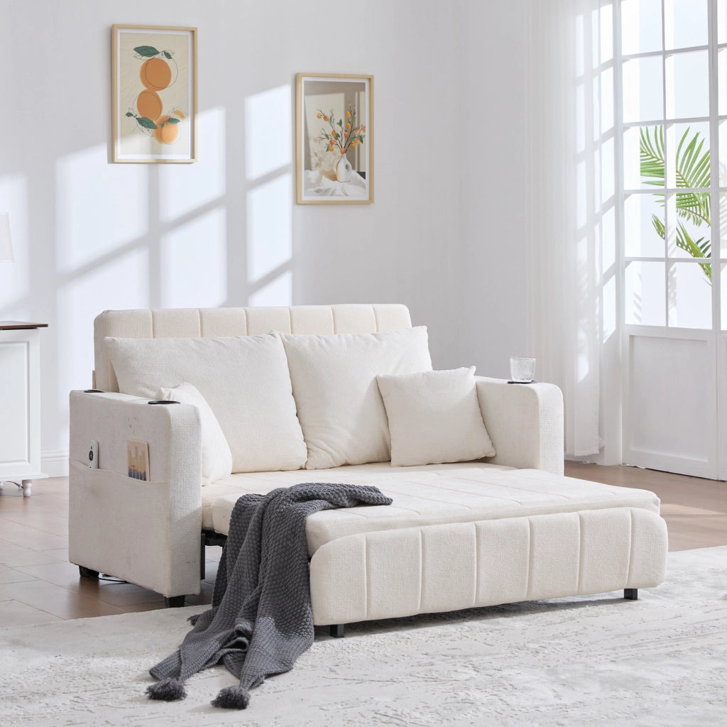 OKWISH Divano Letto 2 Posti, Funzione Letto con Tasca Laterale e Portabicchieri, Ciniglia, Beige, 139 x 83 x 58 cm