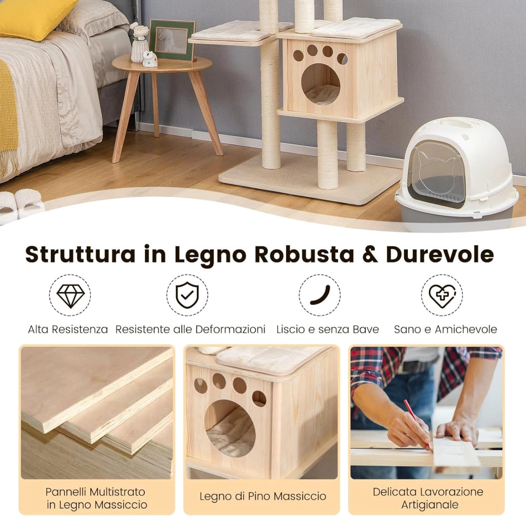 Albero Tiragraffi per Gatti Moderno 170 CM, Tiragraffi per Gatti Multistrato con Trespolo, Superiore Nicchia in Legno, Pali, Tiragraffi in Corda di Sisal e Piattaforme