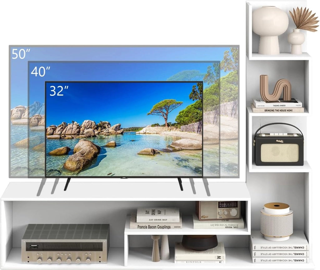 Mobile TV Soggiorno con Mensole a Forma di L e Scomparti Aperti, Mobiletto Multifunzione per Televisione fino a 50”, Mobile Porta TV e Libri in Legno per Camera da Letto, Ingresso (Bianco)