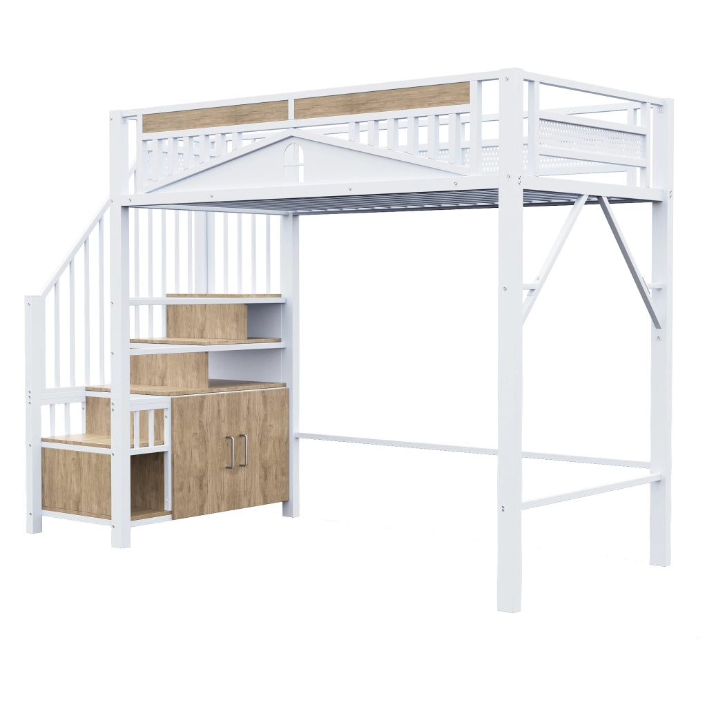 OKWISH Letto a Soppalco 90×200 cm, Letto Singolo con Scala Contenitore, Armadietto e Sponda con Finestra, senza Materasso, Bianco