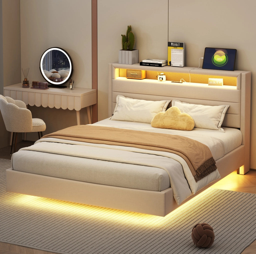 Letto imbottito matrimoniale 140x200 cm beige con USB; LED e testiera ribaltabile