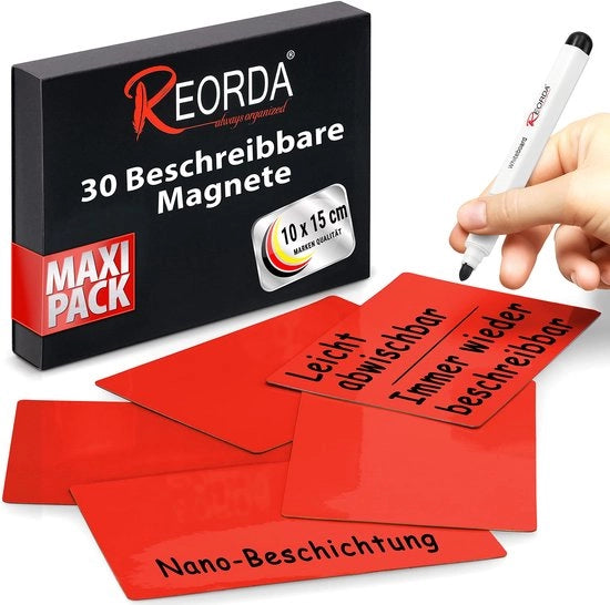 Strisce Magnetiche Descrivibili - 30 Magnetici Descrivibili - 10 x 15 cm (Rosso) - Magnetici Descrivibili per Whiteboard, Kanban, Tabella Magnetica o come Magnetici Descrivibili per la Gelateria