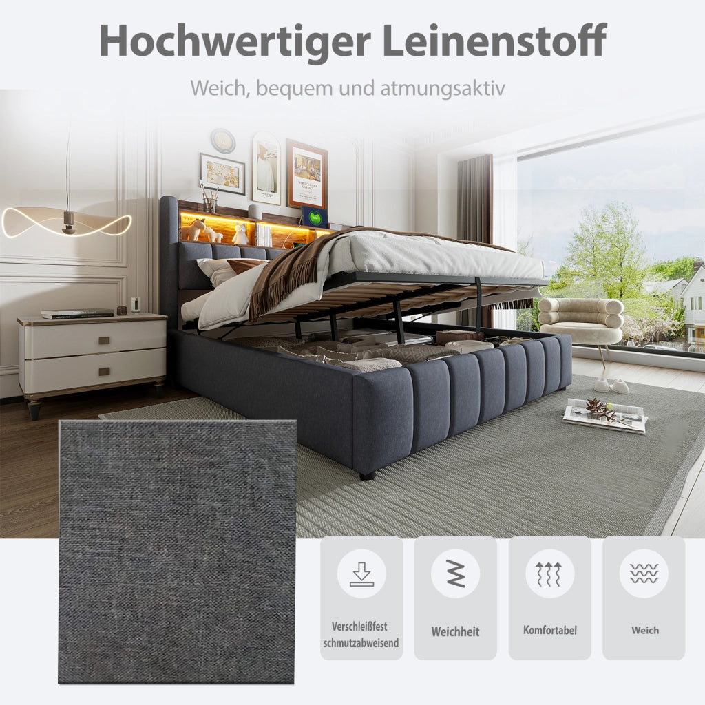 Letto contenitore matrimoniale 180×200 cm con LED; USB e Type-C; testiera con ripiani; senza materasso; grigio
