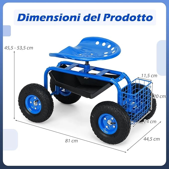 Sgabello da Giardino, Sgabello per Giardinaggio con Ruote, Sedile Regolabile in Altezza e Girevole a 360°, Cestello e Vassoio, Carrello per Prato e Giardino, Portata 150 kg (Blu)
