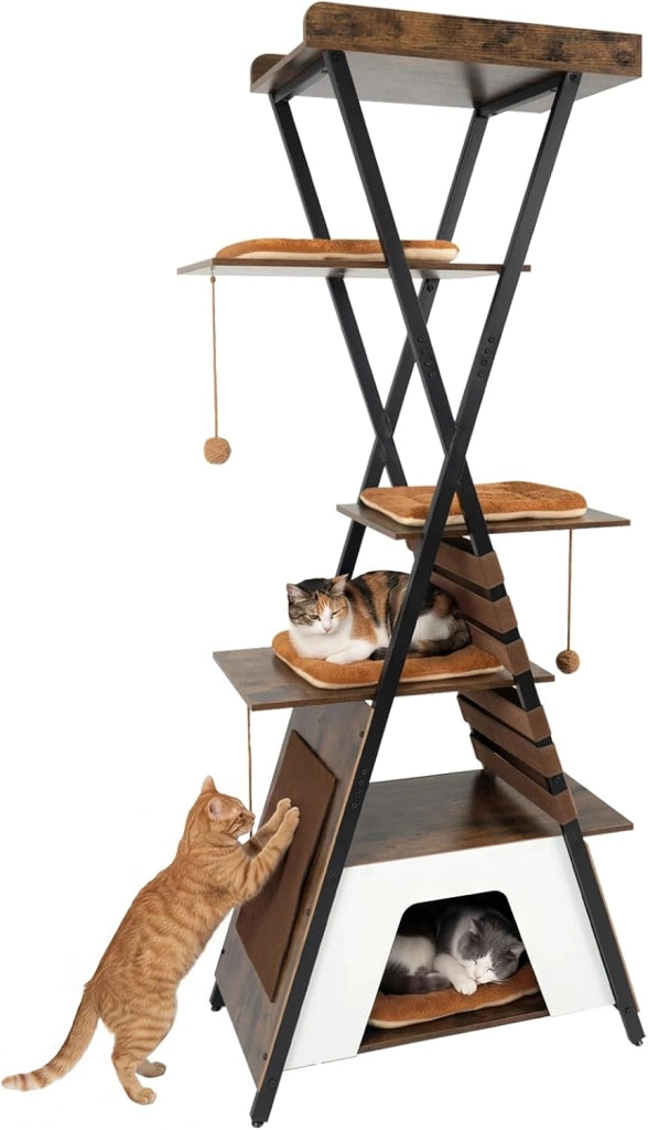 Tiragraffi per Gatti Grande, Albero per Gatti Multilivelli con 3 Pompon Pendenti, Elastici, Tappetino da Graffiare, Cuccia, Trespolo e 4 Cuscini Rimovibili, Centro Attività per Gatti
