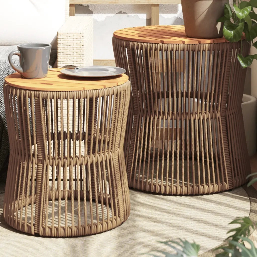 Tavolini da Giardino 2 pz | Tavolino da esterno con Piano in Legno Beige in Polyrattan