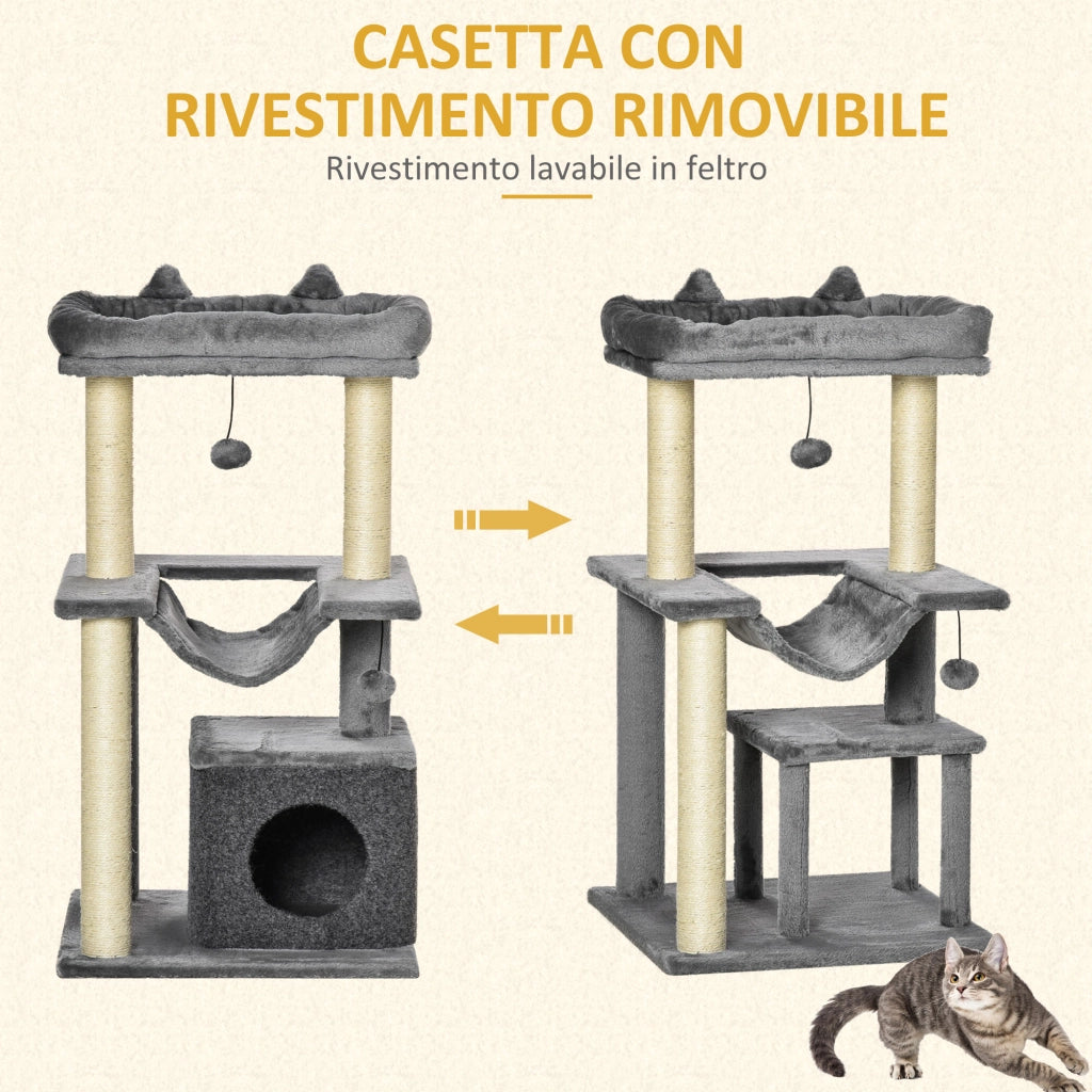 Tiragraffi per Gatti con Casetta e Amaca ¨C zephmum ¨C Grigio, Peluche e Feltro, 100cm