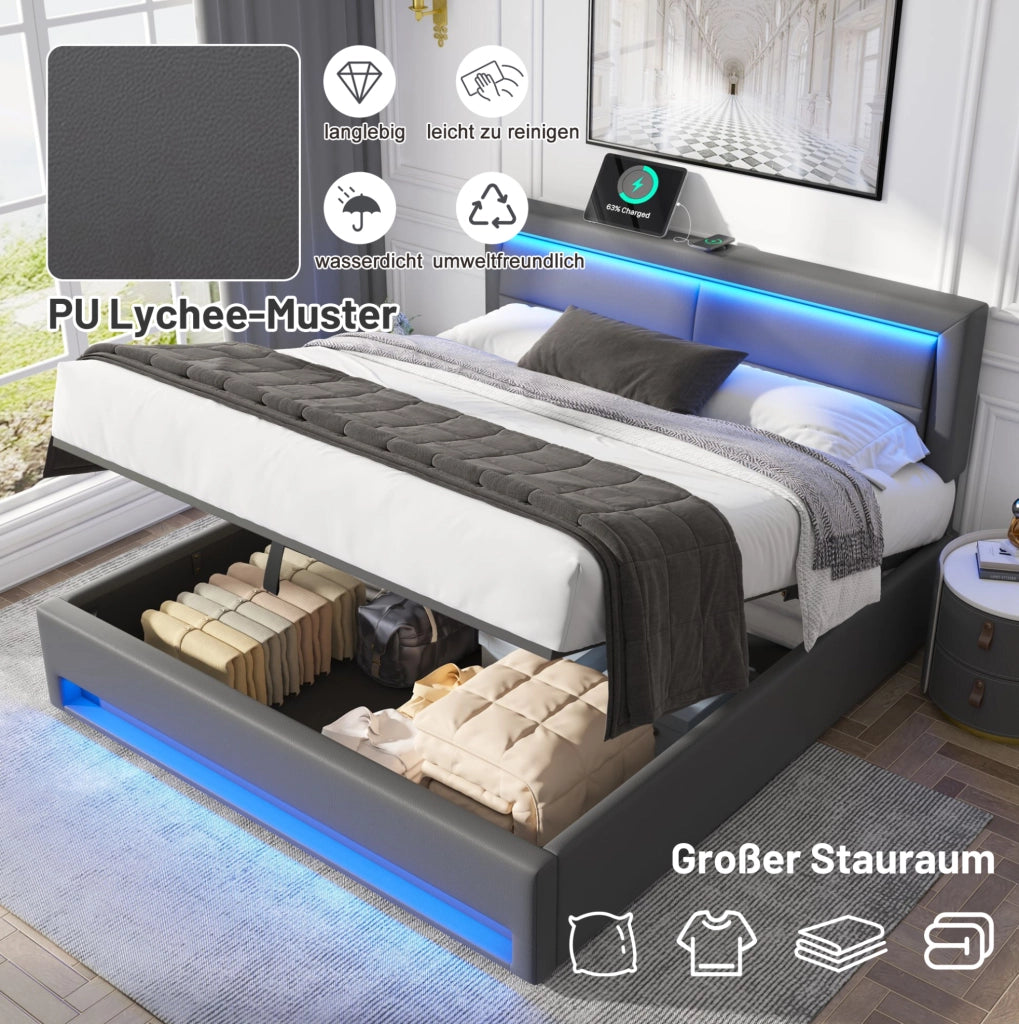 Letto imbottito grigio 140 x 190 cm con USB, LED e contenitore