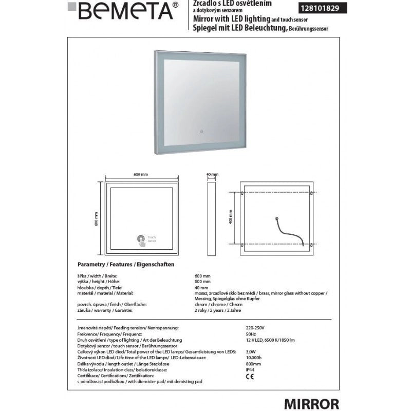 Specchio quadrato 60x60 cm con luce LED e sensore touch