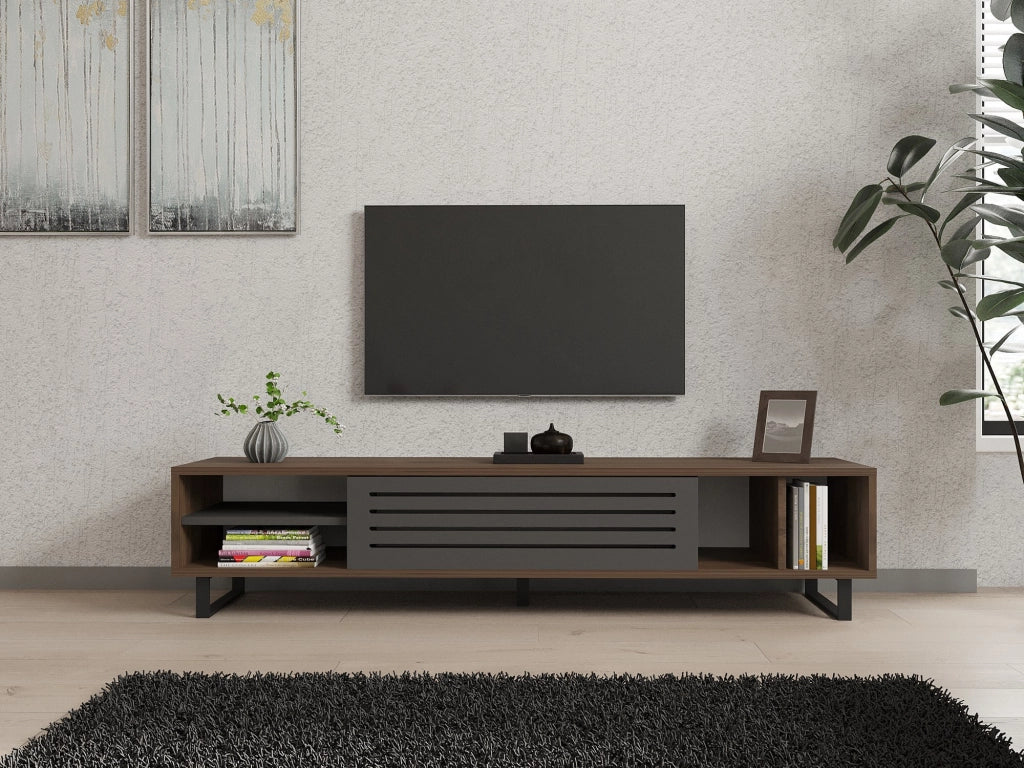 Porta TV in legno "Eray" - 160 x 40 x 35 cm - Noce, Antracite