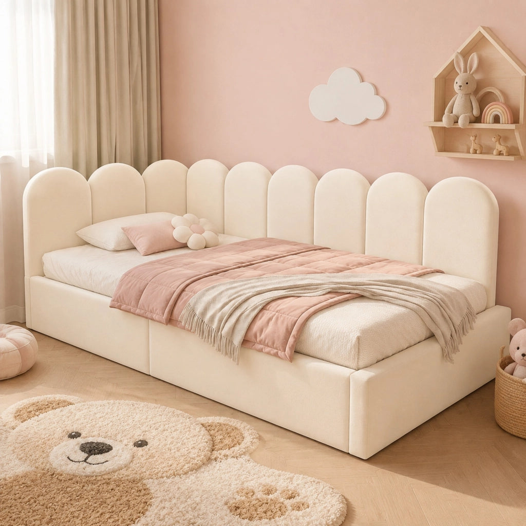 Letto a giorno 90x200 cm in velluto con contenitore idraulico, struttura in metallo, beige