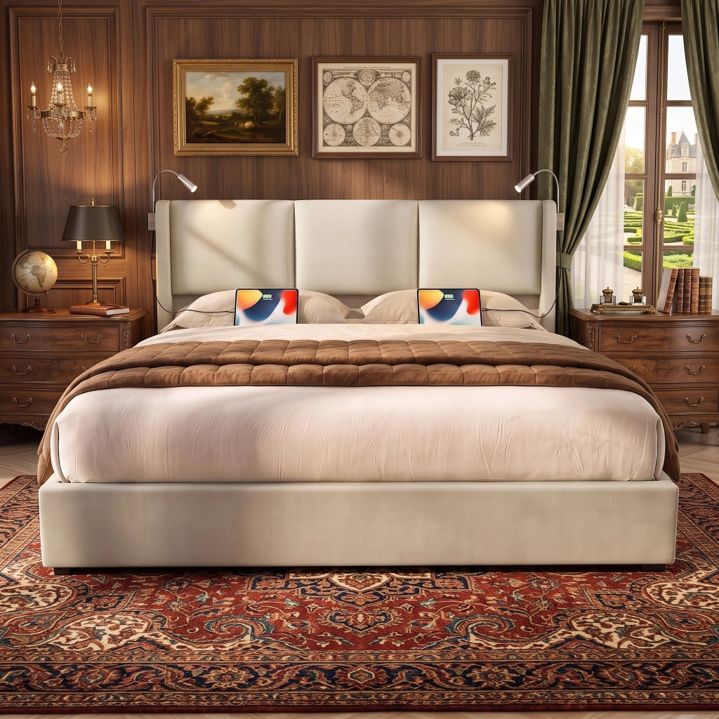 Letto matrimoniale contenitore 160x200 cm con testiera imbottita luci da lettura e rete a doghe struttura letto con ricarica USB in lino-beige