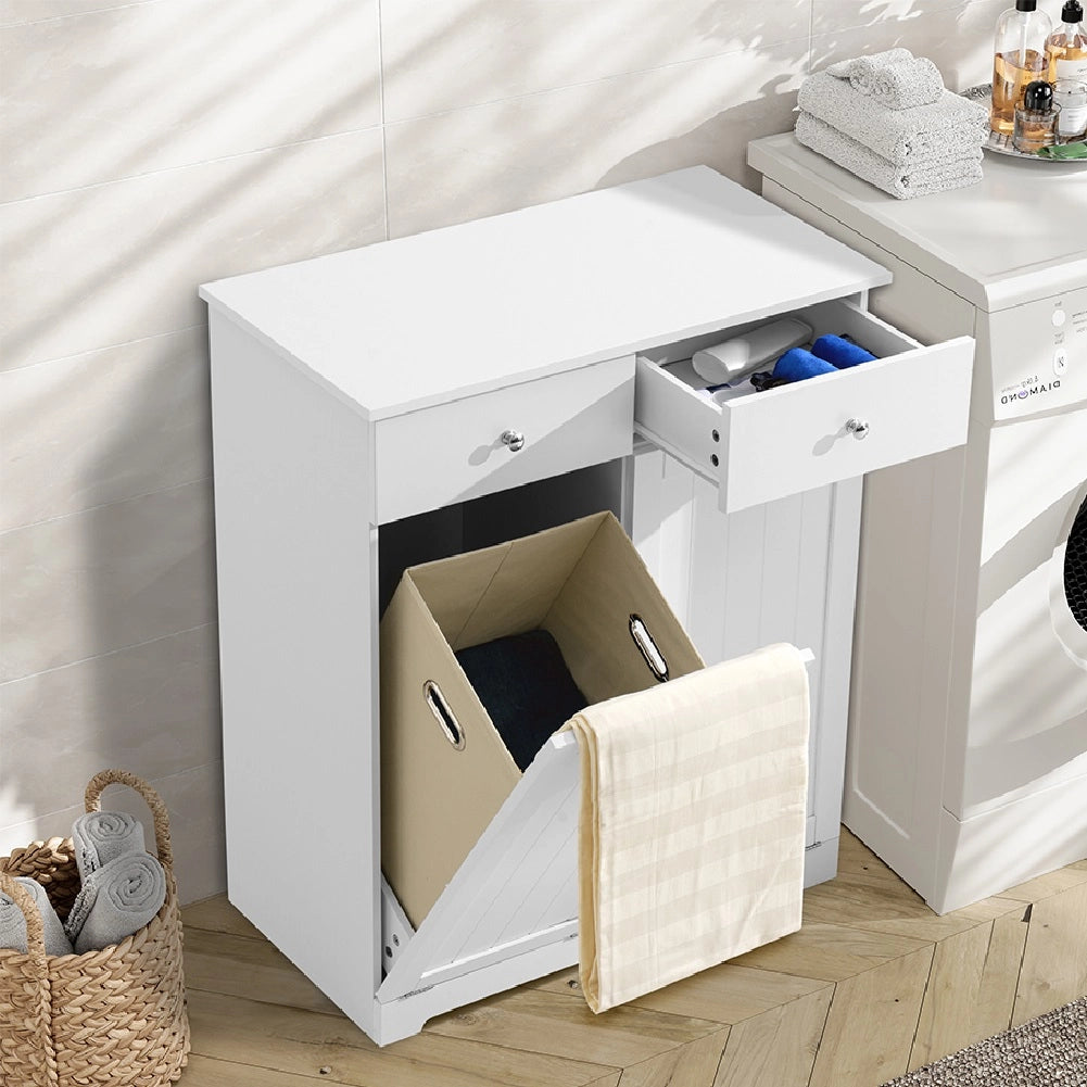 Mobiletto da Bagno 2Cassetti 2Portabiancheria Integrati 70x38 H 90cm Legno Bianco