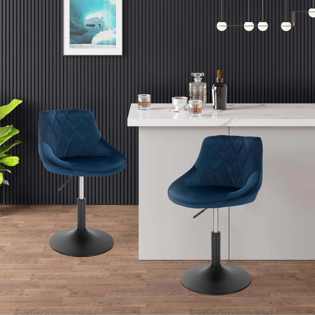 Set di 4 Sedia Cucina con Schienale in Velluto, Girevoli e Regolabili in Altezza, l'altezza può essere regolata tra 42-58 cm, Blu, BH242bl-4