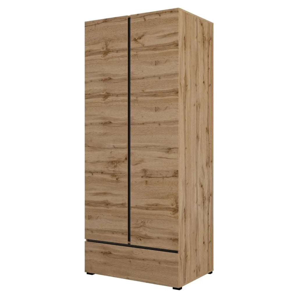Armadio HAVANA 90 cm – Rovere e nero – 2 porte + 1 cassetto – Organizzazione compatta dallo stile naturale