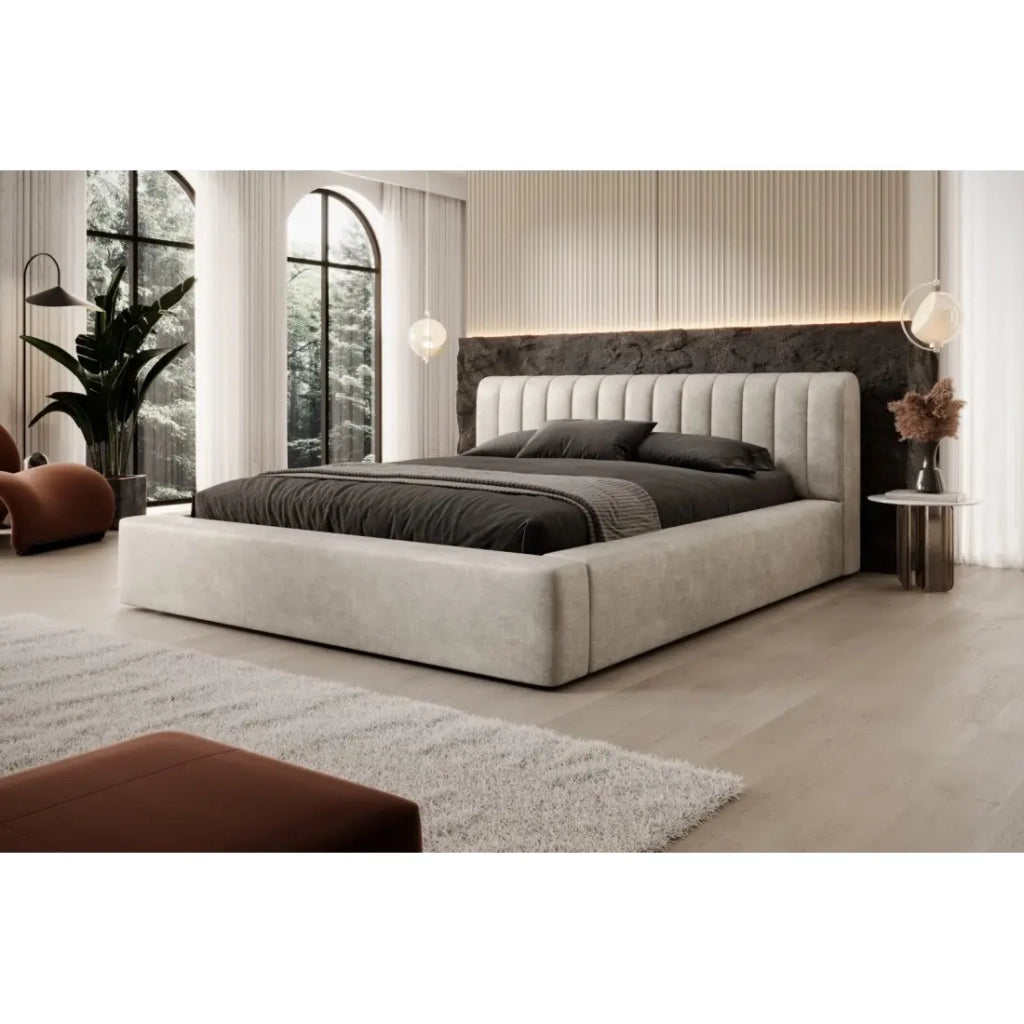 Letto contenitore CERVIN – Velluto morbido Lino naturale – 140x200 cm – Rete sollevabile – Design elegante