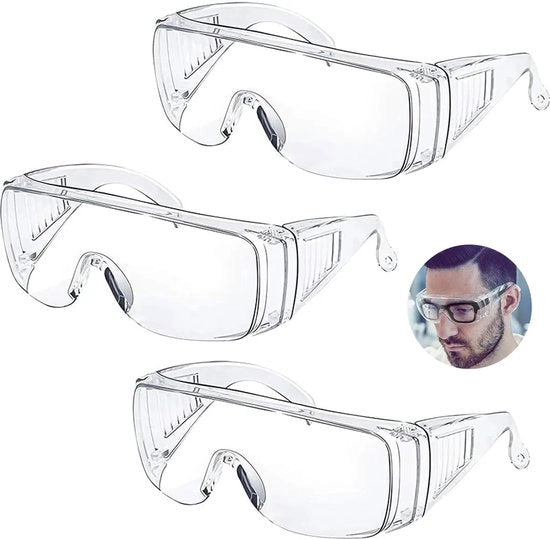 Sistema di protezione per gli occhi, progettato per gli utenti con lenti, anti-condensazione, garantisce una visibilità chiara, resistente ai graffi, protezione UV, unisex, trasparente, confezione da 3 paia.