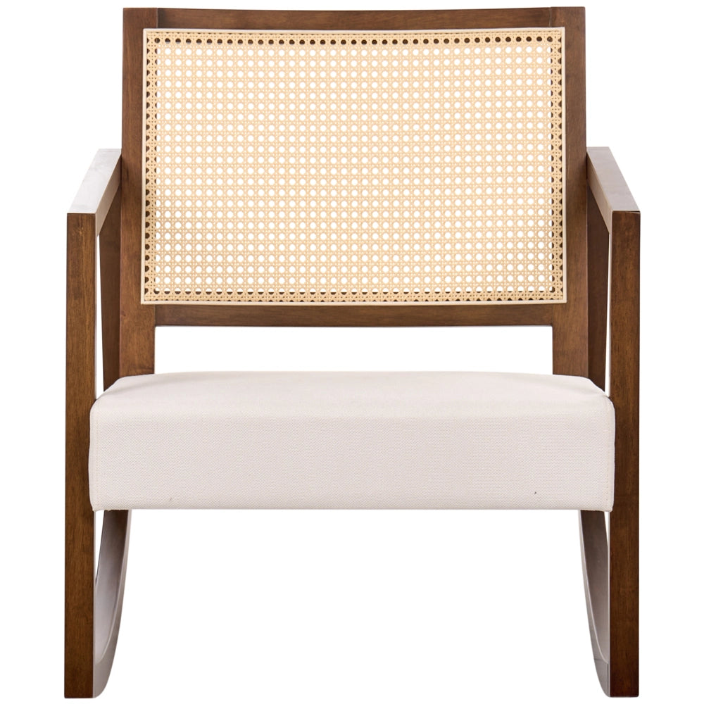 Poltrona a dondolo con rivestimento in tessuto beige chiaro e legno marroneschienale intrecciato struttura in legno per salotto e camera da letto