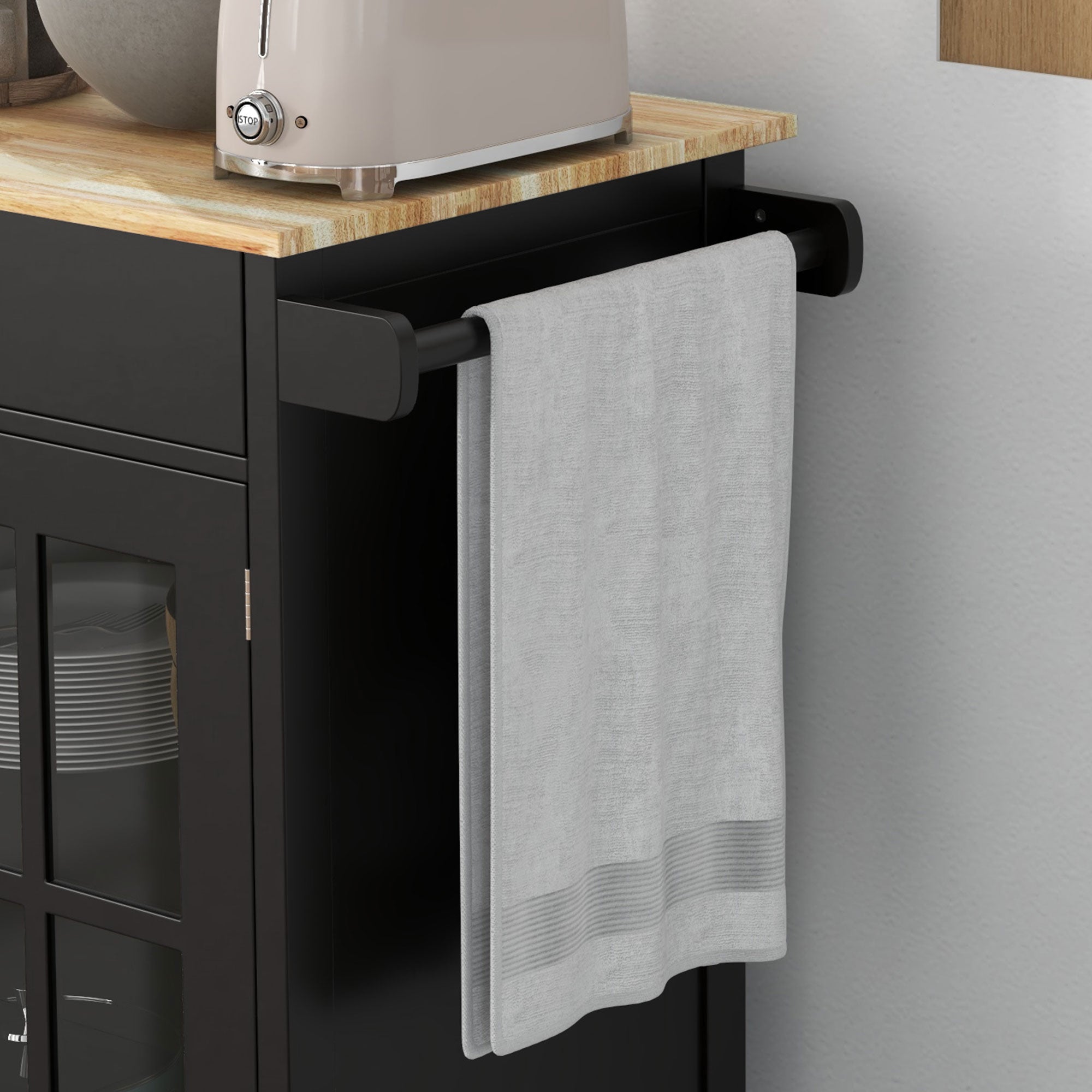 Carrello da Cucina con Cassetto Armadietto e Portasciugamani 67x48x86,5 cm in Legno Nero e Rovere