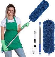 Telescopico Plumeau con Setaccio Microfibra e Pennello per Pulire Finestre, Manico Telescopico in Acciaio Inox e Setaccio Angolare Flessibile, Stufa con Estensione fino a 245cm - Blu Scuro