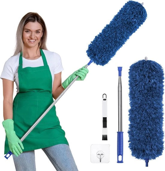 Telescopico Plumeau con Setaccio Microfibra e Pennello per Pulire Finestre, Manico Telescopico in Acciaio Inox e Setaccio Angolare Flessibile, Stufa con Estensione fino a 245cm - Blu Scuro
