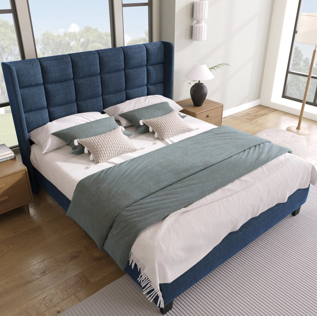 Letto matrimoniale imbottito 140x200 cm in lino blu con testiera alta e rete a doghe