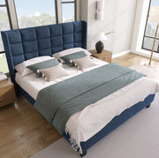 Letto matrimoniale imbottito 140x200 cm in lino blu con testiera alta e rete a doghe