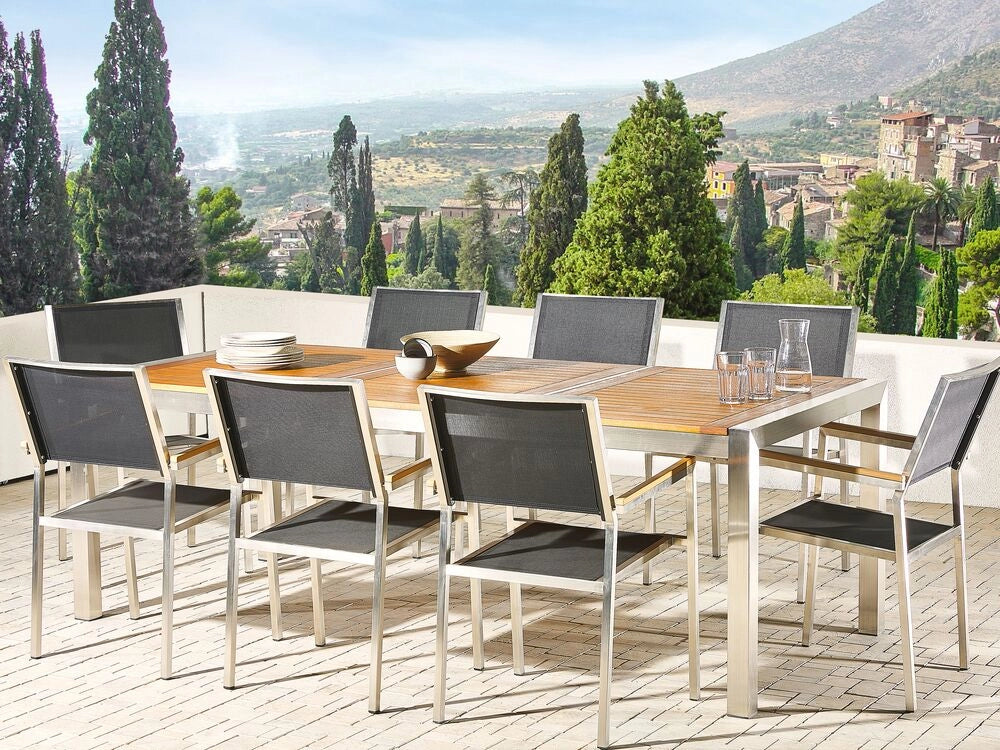 Lampada da tavolo da pranzo da giardino con piano in legno di eucalipto 220 x 100 cm con struttura in acciaio a 8 posti